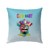 Castle in the Clouds themed outdoor pillow on garden bench